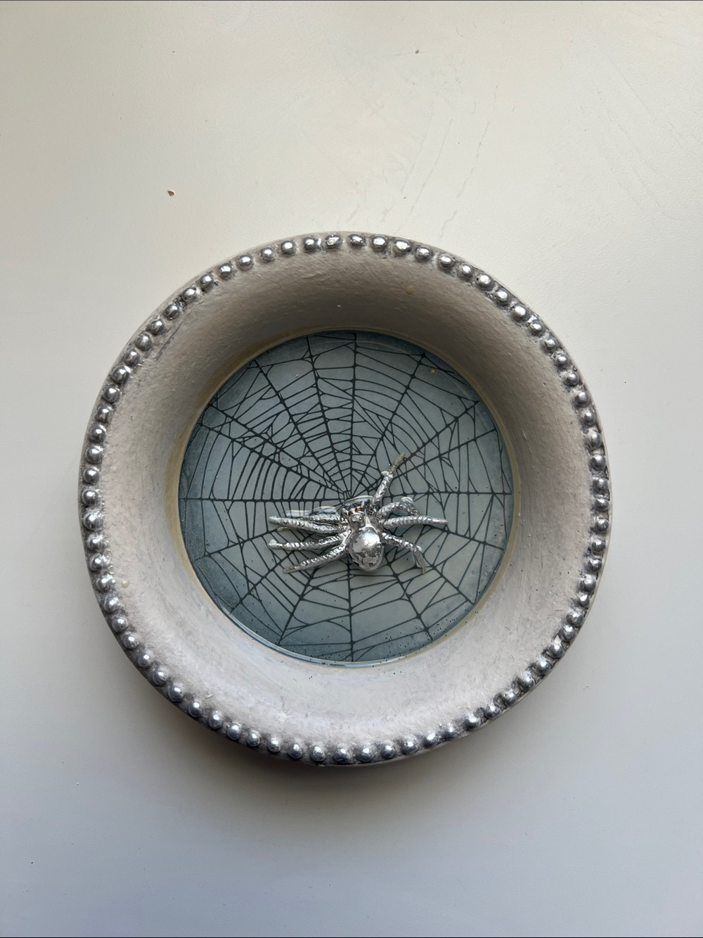 Round Silver Accent Tray with Spider and Web Center